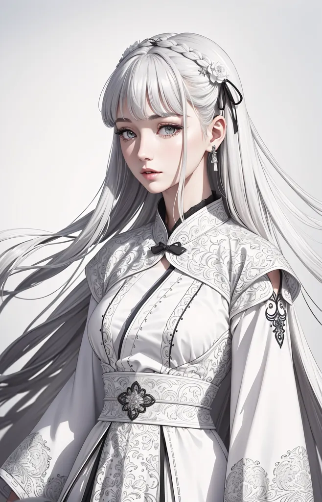 The image is a digital painting of a young woman with long white hair and gray eyes. She is wearing a white dress with a gray and black floral pattern and a black belt with a silver buckle. The dress has a high collar and long sleeves. Her hair is styled in a half-up, half-down style with a white flower in her hair. She is wearing silver earrings and has a gentle smile on her face. The background is a solid white color.