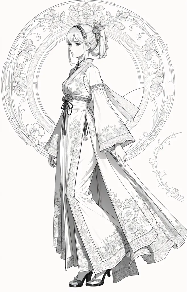 La imagen es un dibujo a línea en blanco y negro de una mujer joven que lleva un hanbok, un vestido tradicional coreano. La mujer está de pie con el pie izquierdo adelante y el derecho atrás. Sus brazos están ligeramente levantados y mira hacia su izquierda. Lleva un hanbok de manga larga con un patrón floral. El hanbok está atado a la cintura con un cinturón. El cabello de la mujer es largo y ondulado, y lleva un pasador de cabello tradicional coreano. El fondo de la imagen es un círculo con un patrón floral.