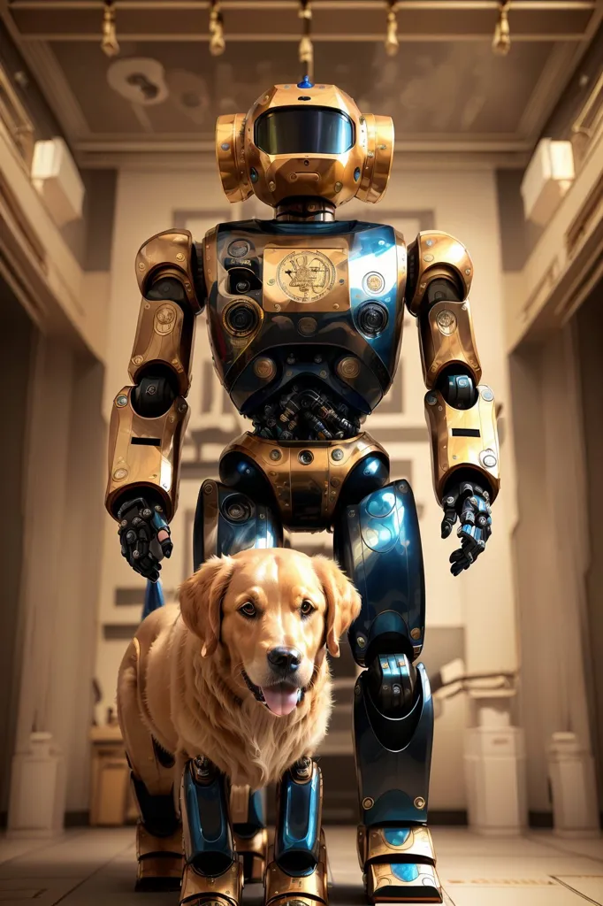 The image shows a robot standing in a room. The robot is made of metal and has a golden and blue color. It has a round head with a glass dome, and a body with arms and legs. The robot is standing on two legs and has a dog standing in front of it. The dog is golden brown and has a black nose. The robot and the dog are both looking at the camera. The background of the image is blurry, and there is a light coming from the top right corner of the image.