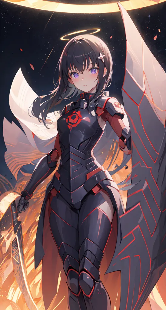 This is an image of a young woman with long dark hair and purple eyes. She is wearing a black and red bodysuit with a white cape. She has a sword in her right hand and a shield in her left hand. She is standing in front of a large moon. There are stars in the background. The image is drawn in an anime style.