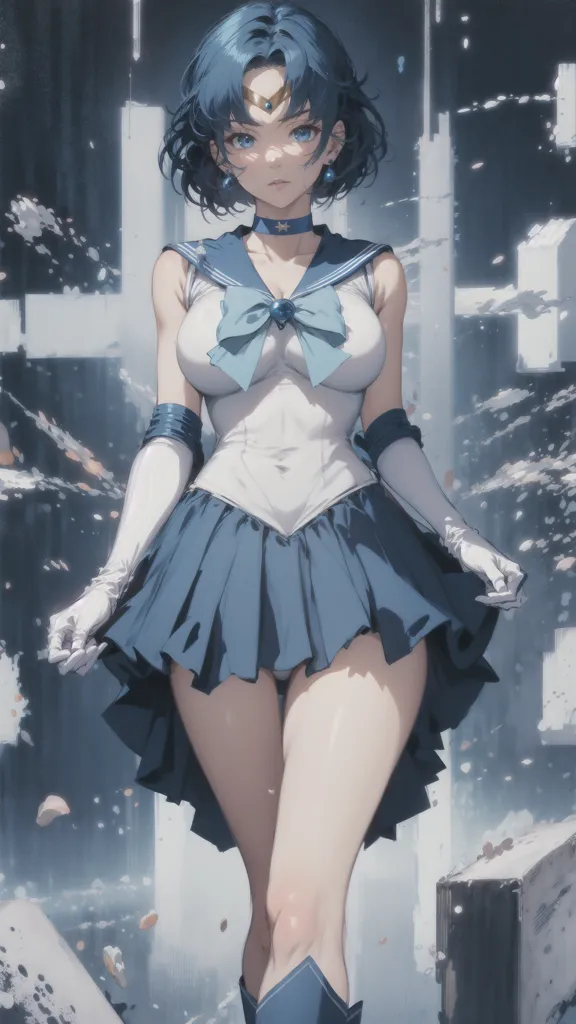 The image is of a young woman with short blue hair and blue eyes. She is wearing a white and blue sailor-style outfit with a pleated skirt and a bow at the collar. She is also wearing white gloves and blue boots. She is standing in front of a gray background with a light blue glow around her. She is looking at the viewer with a serious expression.