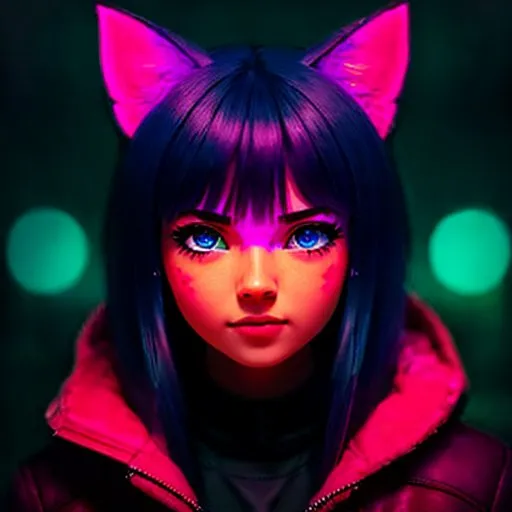 Esta es una imagen de una mujer joven con orejas de gato. Tiene ojos azules y cabello rosa. Lleva una chaqueta de cuero negro con un cuello rosa. El fondo es oscuro con luces verdes y azules en la parte trasera.