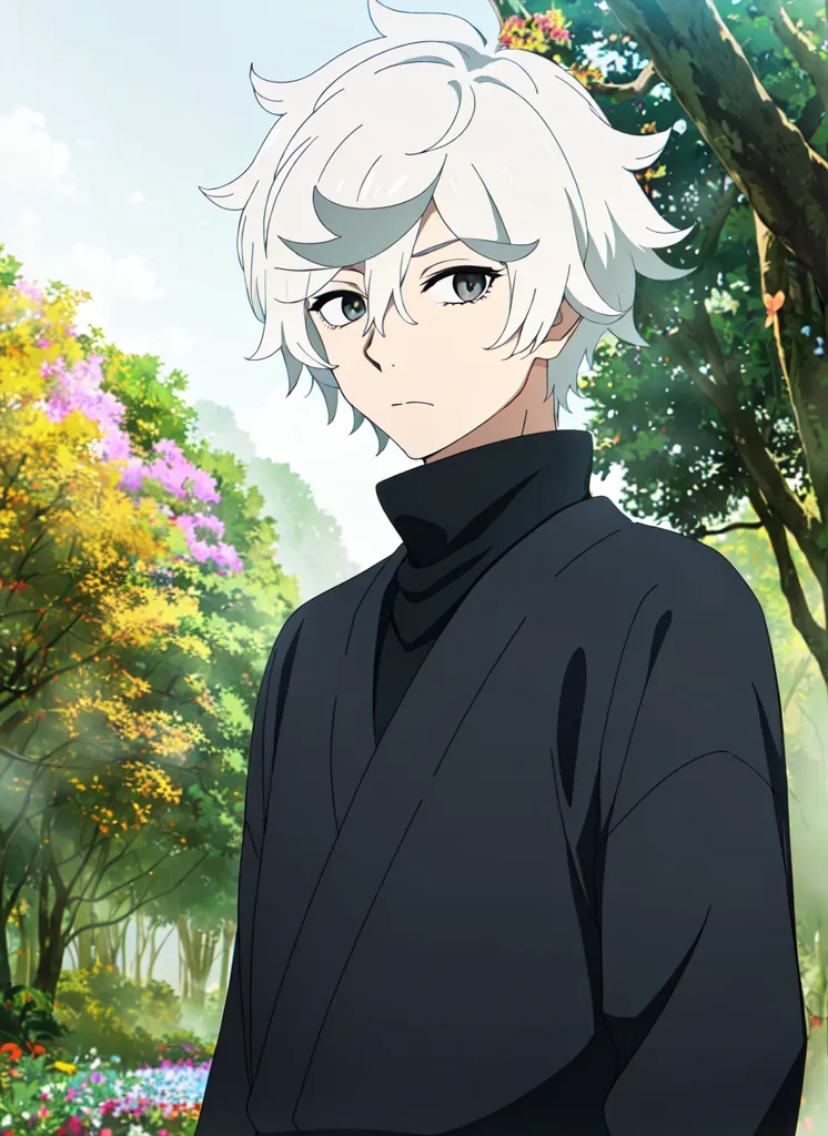 The image shows an anime-style boy with white hair and gray eyes. He is wearing a black kimono with a high collar. He is standing in a forest with green trees and pink flowers. The background is blurred, and there are some bright spots of light. The boy has a serious expression on his face.