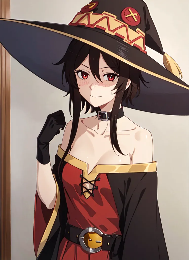 The image is of a young woman with long black hair and red eyes. She is wearing a black and red witch's hat with a wide brim and a red dress with a white camisole. She is also wearing a brown belt with a gold buckle and black gloves. She has a shy expression on her face and is looking at the viewer with her head tilted down slightly.