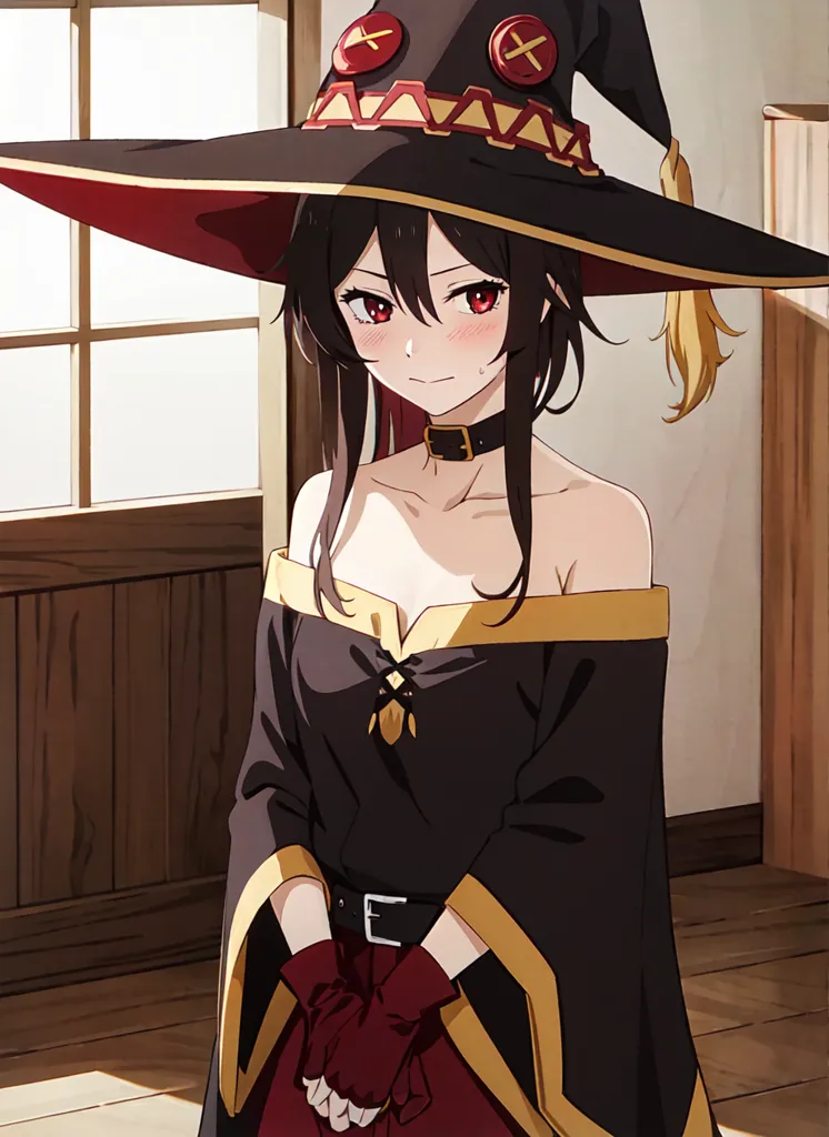 The image is of a young woman with long black hair and red eyes. She is wearing a black and red witch's hat with a wide brim and a red and gold dress with a white collar. She is standing in a room with a wooden wall and a barred window.