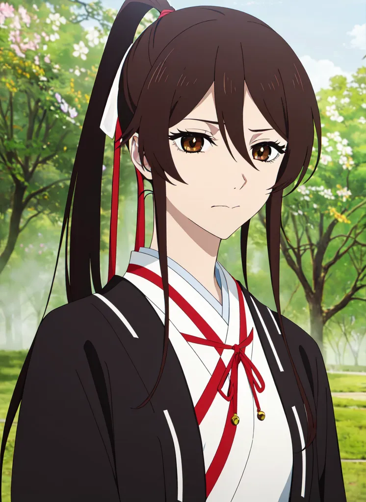 The image shows a young woman with long brown hair tied in a ponytail. She is wearing a black kimono with red and white accents. The kimono is tied with a red and white sash. She has a serious expression on her face. She is standing in a forest with green trees and pink flowers.