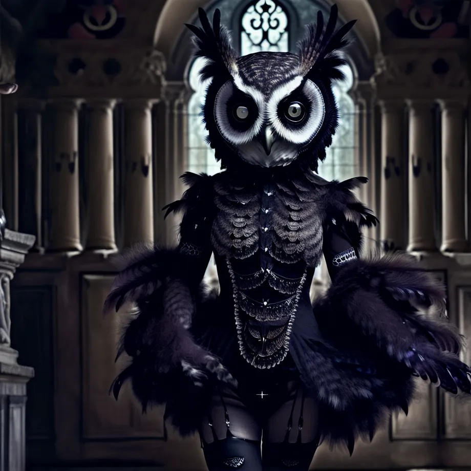 The image is a dark and mysterious owl woman. She is standing in a large, gothic hall with a stained glass window in the background. The owl woman is wearing a black corset and a pair of black stockings. Her wings are spread out and she is looking at the viewer with her large, yellow eyes. The image is both beautiful and eerie, and it is clear that the owl woman is a powerful and dangerous creature.