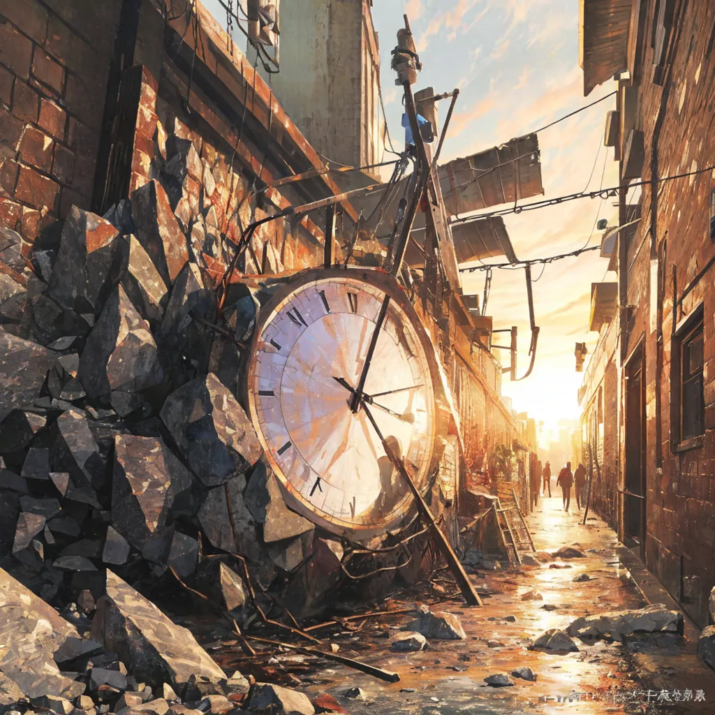 L'image représente une ville post-apocalyptique. Les bâtiments sont en ruines, les rues sont désertes et il y a une grande horloge à moitié enfouie sous les décombres. L'horloge continue de fonctionner, ce qui suggère qu'il y a encore de l'espoir pour la ville. L'image est remplie de détails, et il est clair que l'artiste a beaucoup réfléchi à sa création.