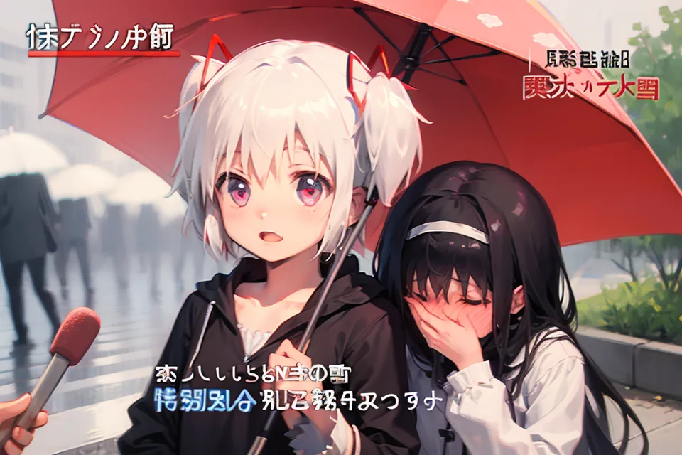 The image shows two anime girls in a rainy street. The girl on the left has white hair and red eyes, and she is wearing a black hoodie. The girl on the right has black hair and purple eyes, and she is wearing a white shirt. The girl on the left is holding a red umbrella, and the girl on the right is holding her hand. They are both looking at something in front of them with wide open eyes. In the background, there is a large screen with a picture of a monster and a text that reads: "Breaking News: Demon King Sighted in Shinjuku".