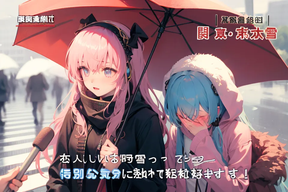 The image shows two anime girls, one with pink hair and one with blue hair, standing in the rain. They are both wearing winter coats and the girl with pink hair is holding an umbrella. The girl with blue hair is crying and the girl with pink hair is looking at her with concern. In the background, there is a city street with people walking by.