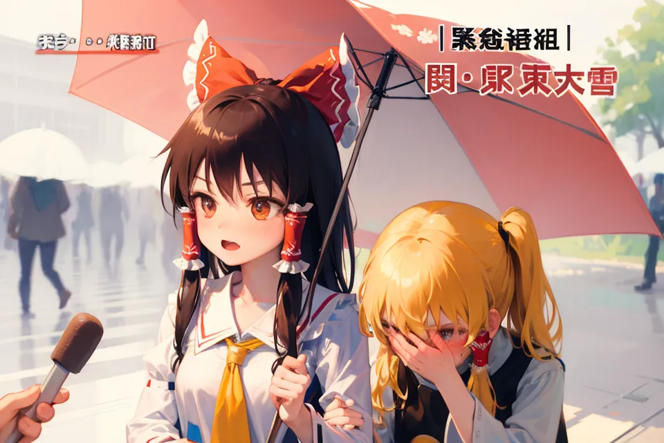 The image shows two anime girls in school uniform. They are standing in the rain. One of them, with brown hair and red ribbons in her hair, is holding a red umbrella. She is looking at the other girl with concern. The other girl, with yellow hair and twintails, is crying. She is holding a white handkerchief to her face. In the background, there is a crowd of people walking in the rain. There is also a reporter with a microphone. The text at the top of the image says "Exclusive Interview".