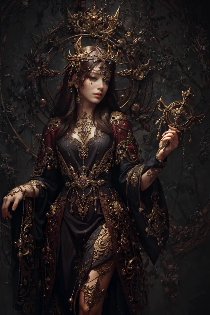 The image is a portrait of a beautiful woman with long, dark hair. She is wearing a black dress with gold and silver embroidery. The dress has a plunging neckline and a fitted bodice. The woman is also wearing a necklace, earrings, and a bracelet. She has a crown on her head and is holding a scepter in her right hand. The woman is standing in front of a dark background with a floral pattern.