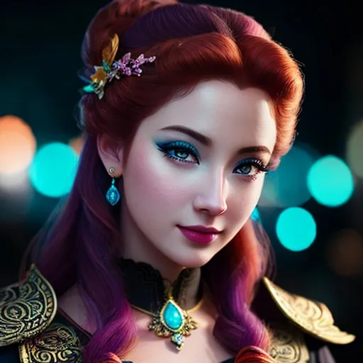 The image shows a beautiful woman with red hair and blue eyes. She is wearing a golden necklace and a blue earring. Her hair is styled in an updo with a braid wrapped around it. She has a flower hairpin on the right side of her head. The background is blurry and out of focus.