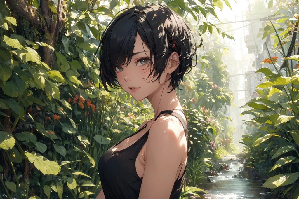 La imagen es una pintura digital de una mujer joven con cabello negro corto y ojos marrones. Lleva una camiseta de tirantes negra y está de pie en un frondoso bosque verde. Hay un río que fluye a través del bosque, y la mujer está de pie en la orilla del río. El sol brilla a través de los árboles, y la piel de la mujer brilla a la luz del sol. La mujer mira al espectador con una sonrisa suave en su rostro.