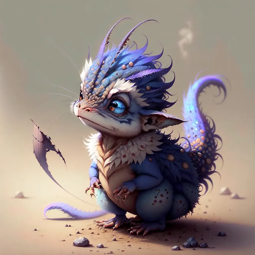 The image shows a small, blue dragon-like creature with a long, fluffy tail and a pair of horns on its head. It has big, blue eyes and a small, triangular nose. Its body is covered in blue scales, and it has a pair of feathered wings. The creature is sitting on a rock in a sandy area. There are some rocks and pebbles on the ground around it. In the background, there is a large mountain range.