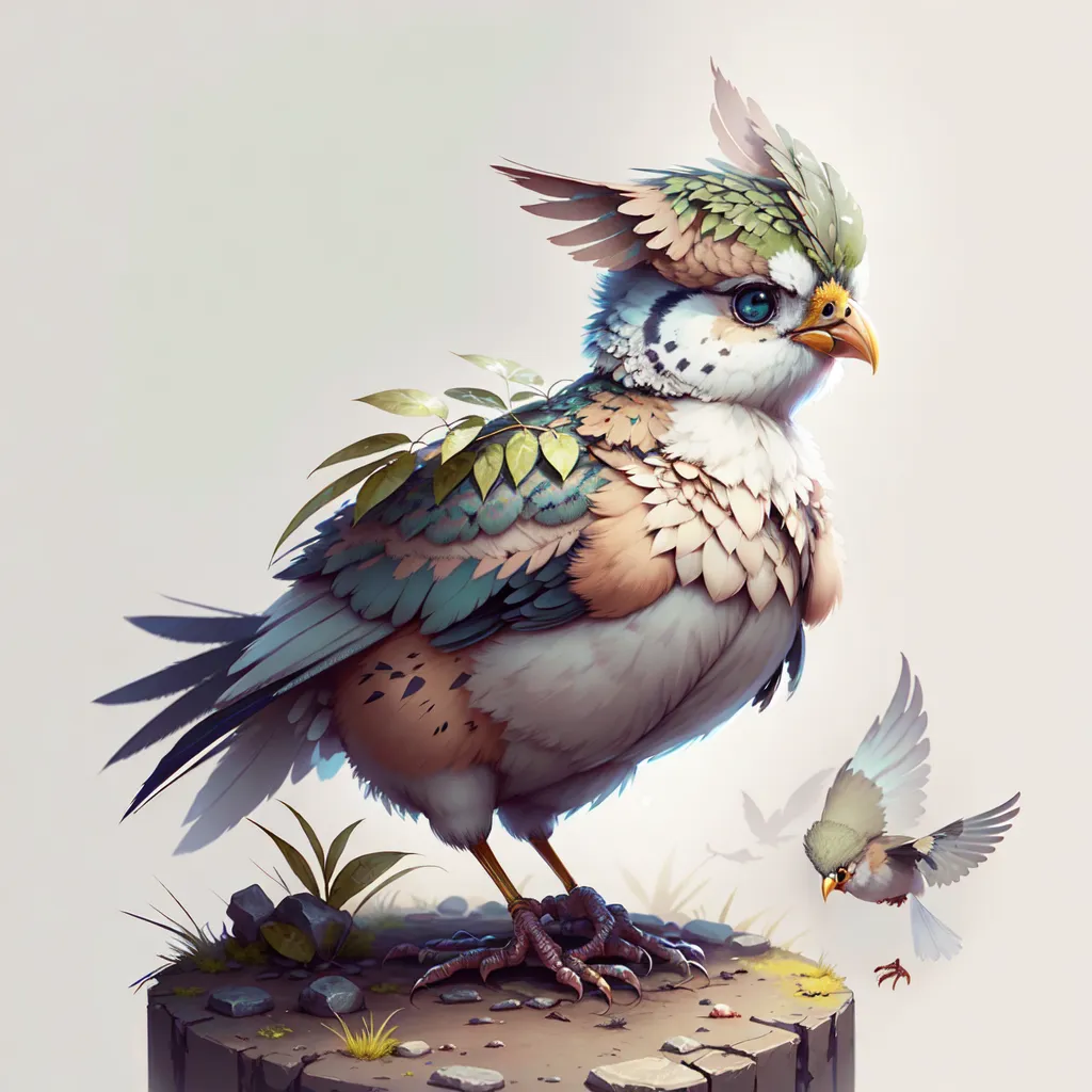 The image shows a colorful bird with green, blue, and brown feathers. It has a crest of feathers on its head that resembles leaves. The bird is standing on a rock, and there is a small bird flying in front of it. The background is a gradient of light blue to white.