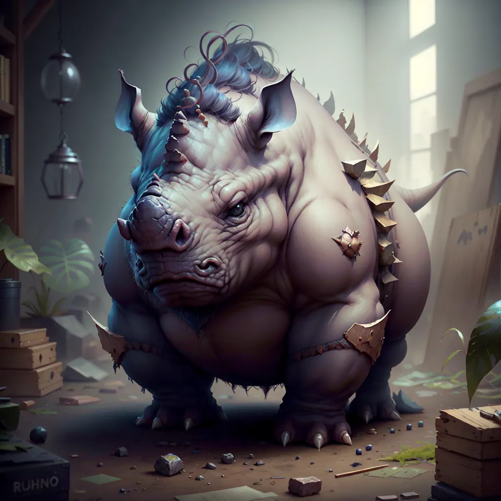 The image is a digital painting of a rhinoceros-like creature. The creature is standing in a room, with a window to the left and a door to the right. There are several boxes and other objects scattered around the room. The creature is large and muscular, with a grey hide and a blue mane. It has a single horn on its nose and several smaller horns on its back and shoulders. The creature is looking at the viewer with a fierce expression.