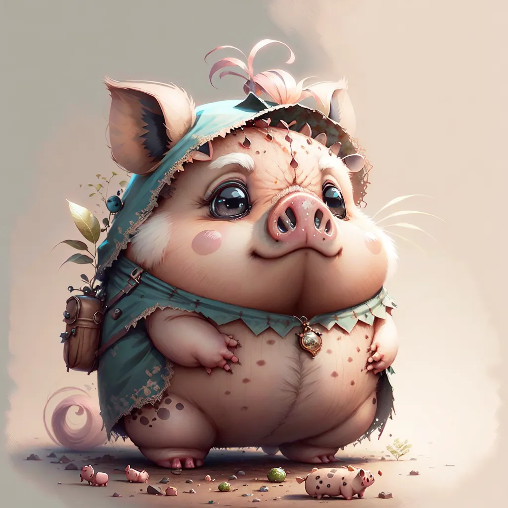 The image shows a cartoon pig wearing a blue cloak. The pig has big eyes, a pink nose, and a curly tail. It is carrying a brown bag on its back. There are three small pigs standing in front of the big pig. The background is a blur of light pink.