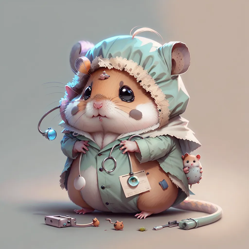 A imagem mostra uma ilustração em desenho animado de um hamster vestindo um jaleco e chapéu de médico. O hamster está segurando um estetoscópio em uma mão e uma prancheta na outra. Há um pequeno rato sentado no ombro do hamster. O hamster está em pé sobre uma mesa, e há alguns instrumentos médicos sobre a mesa. O hamster olha para o espectador com uma expressão séria.