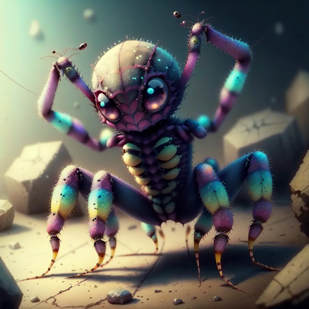 The image shows a colorful alien creature with six legs and two arms. It has a large head with big blue eyes and a small mouth. Its body is covered in purple, blue, and green fur, and it has a long tail with a stinger on the end. The creature is standing on a rocky surface, and there are rocks in the background.