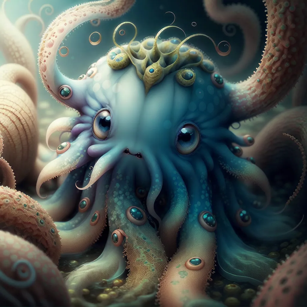 The image shows an octopus-like creature with blue skin and big eyes. It has many tentacles, each with a different pattern of spots. The creature is sitting on a rock in the middle of a coral reef. The reef is full of colorful fish and other sea creatures. The water is clear and blue.