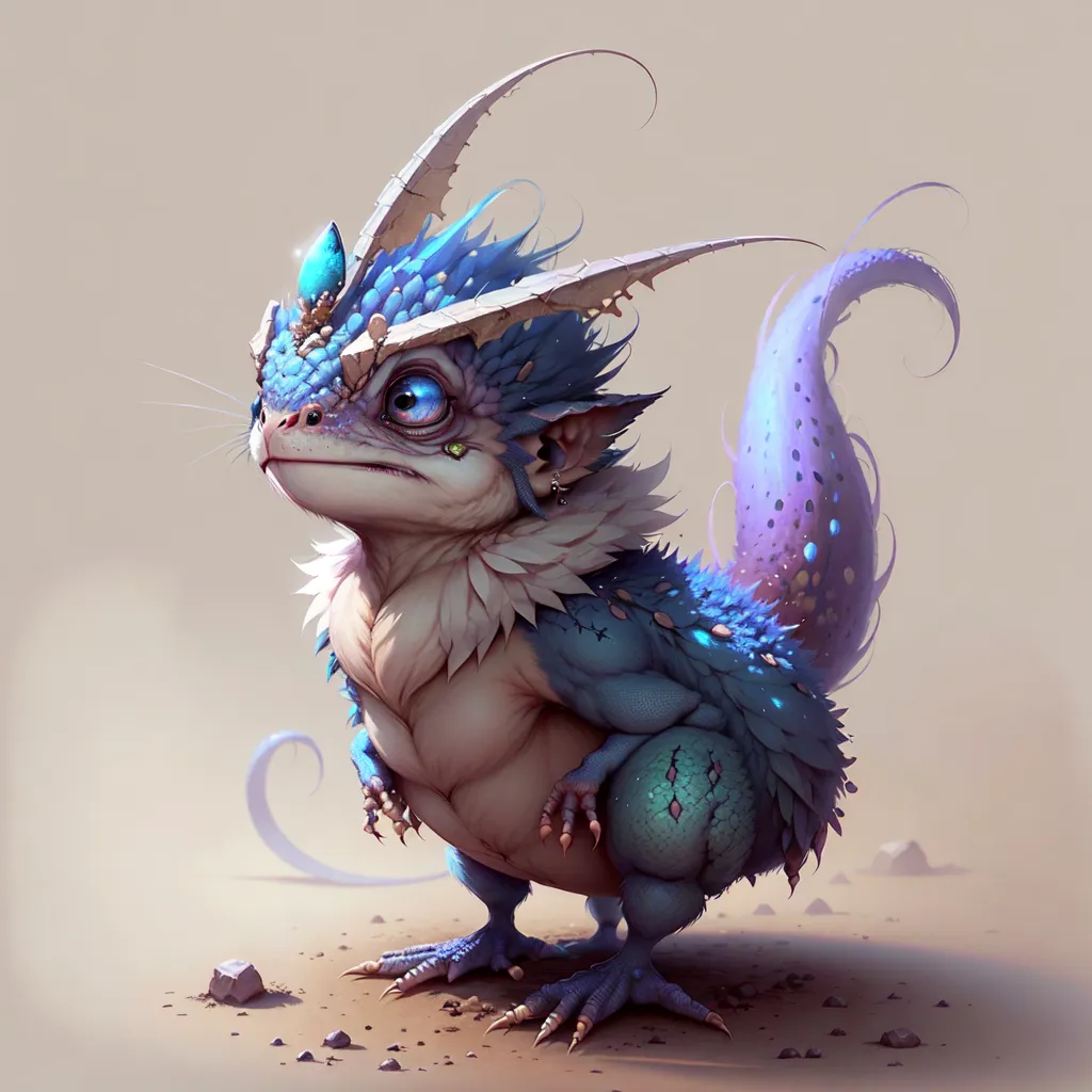 The image shows a small, blue dragon-like creature with a long, tufted tail and a crest of feathers or fur on its head. It has big, round, yellow eyes and a small, triangular nose. Its body is covered in blue scales, and it has four legs with sharp claws. The creature is standing on a rocky surface, and there are several small rocks scattered around it. In the background, there is a large rock wall with a blue sky beyond it.