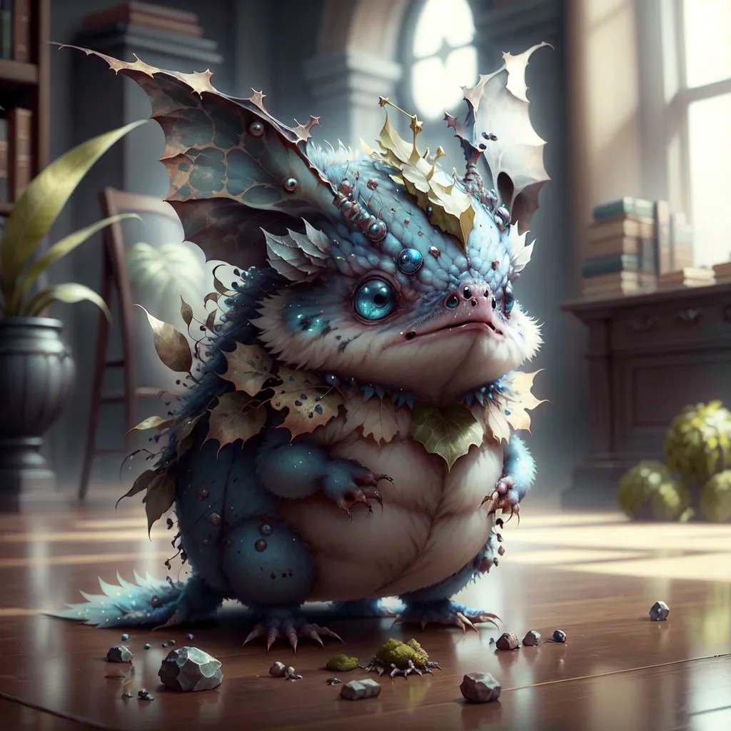 The image shows a small, blue, furry creature with wings made of leaves and a crown of leaves on its head. It is standing on a wooden floor in front of a large window. The creature has large, blue eyes and a small, pink nose. Its wings are folded up on its back. It is looking at the viewer with a curious expression.