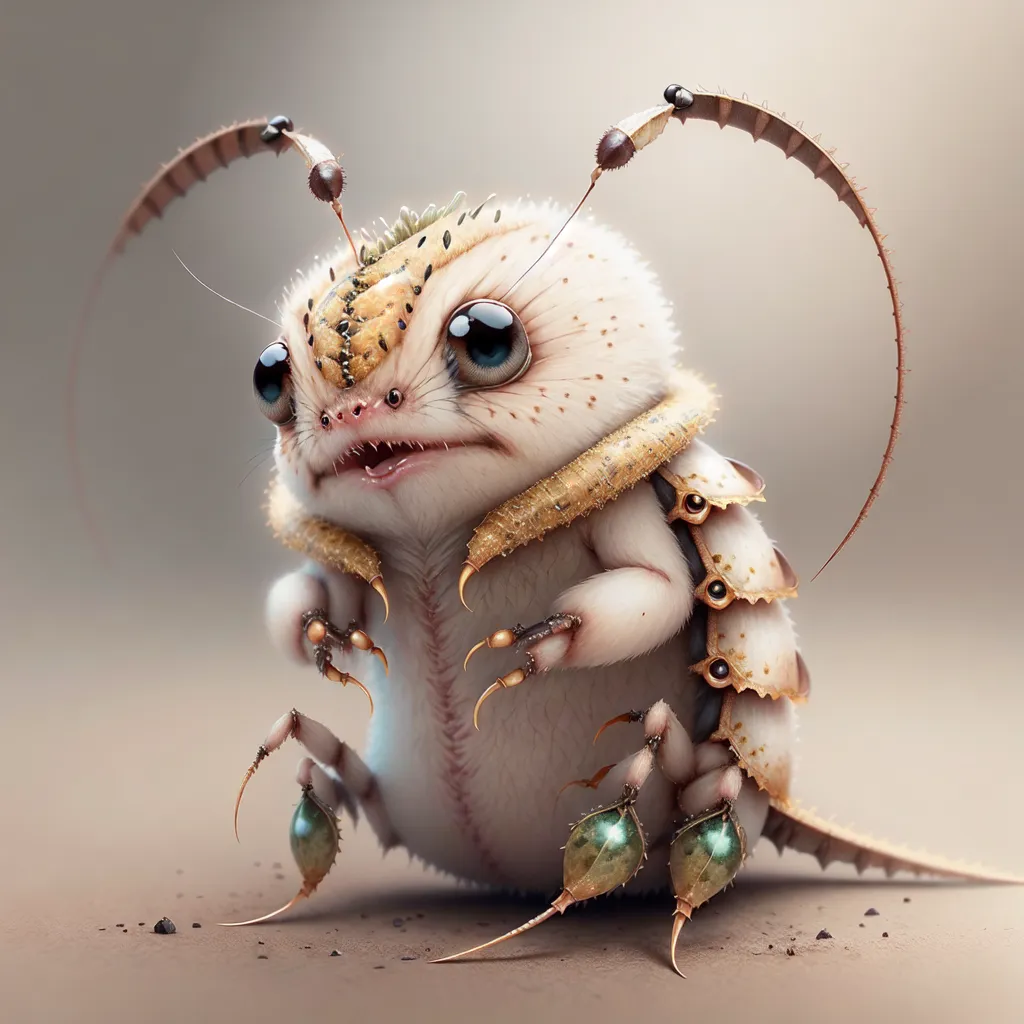 The image depicts a cute cartoon creature with large blue eyes and a light brown exoskeleton. It has six legs, each with three sharp claws. The creature is standing on a brown surface, and there are small pebbles scattered around it. The background is a light brown color. The creature has two antennae on its head and pincers protruding from its mouth.