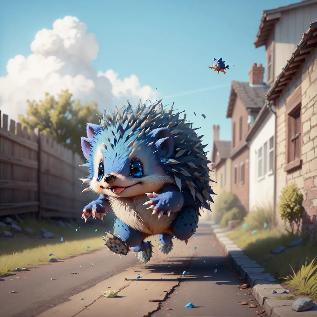 The image shows a blue hedgehog-like creature running down a street in a small village. The creature has blue fur, big eyes, and sharp teeth. It is wearing a pair of shoes. There is a small blue bird flying above the creature. The village is made up of small houses and shops. The sky is blue, and there are some clouds in the sky.