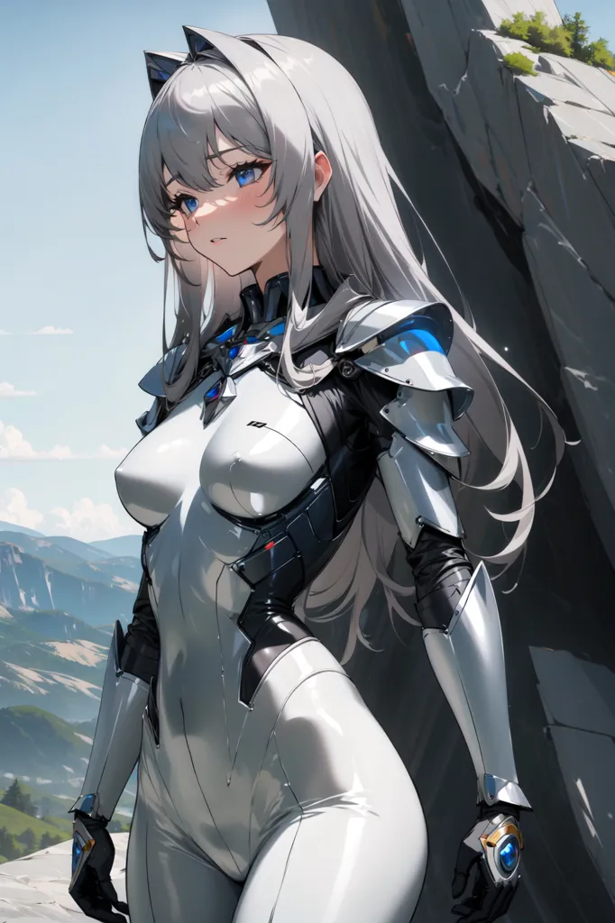 The image is of a beautiful anime girl with cat ears. She is standing in a rocky landscape, with a large rock behind her and mountains in the distance. She is wearing a white and gray bodysuit with armor plating on her chest, arms, and legs. She has a serious expression on her face.