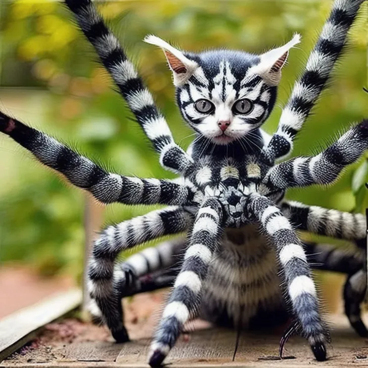 Esta é uma imagem de um gato que foi digitalmente alterada para parecer uma aranha. O gato tem oito pernas e seu corpo é coberto de pelos listrados em preto e branco. Os olhos do gato são amarelos e suas orelhas são pontudas. O gato está sentado em uma superfície de madeira e há um fundo verde atrás dele.