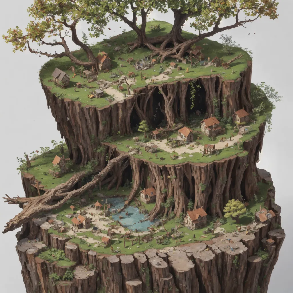 The image shows a tree stump with a village on top of it. The stump is very large, and the village is built on several levels. The houses are made of wood and have thatched roofs. There are trees and greenery around the village. A river runs through the village, and there is a bridge over the river. The image is very detailed, and you can see many people walking around the village.