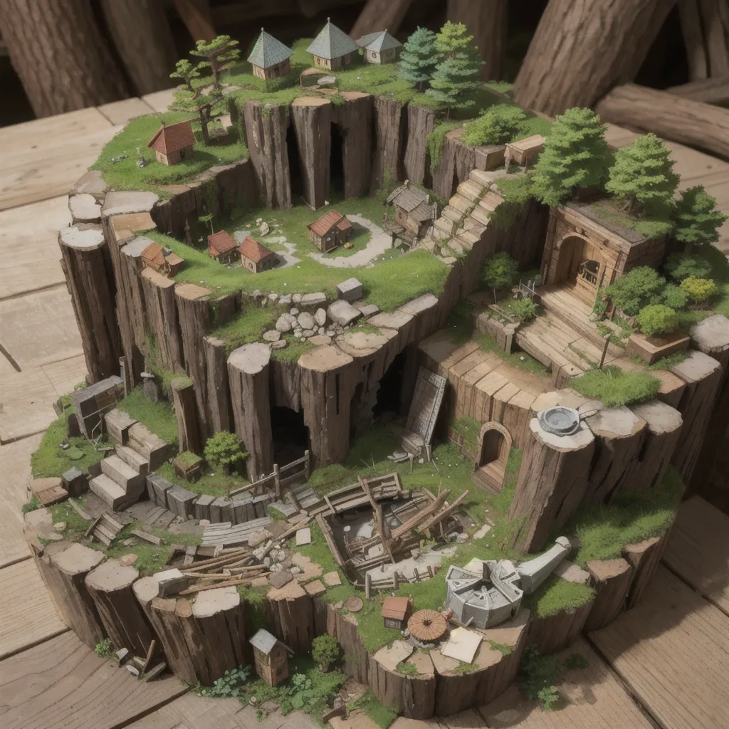 L'image montre une coupe transversale d'un tronc d'arbre avec un village construit au-dessus. Le village est composé de petites maisons en bois et il y a des arbres et de la verdure tout autour. Il y a un chemin menant au village et une rivière qui le traverse. L'image est très détaillée et réaliste.