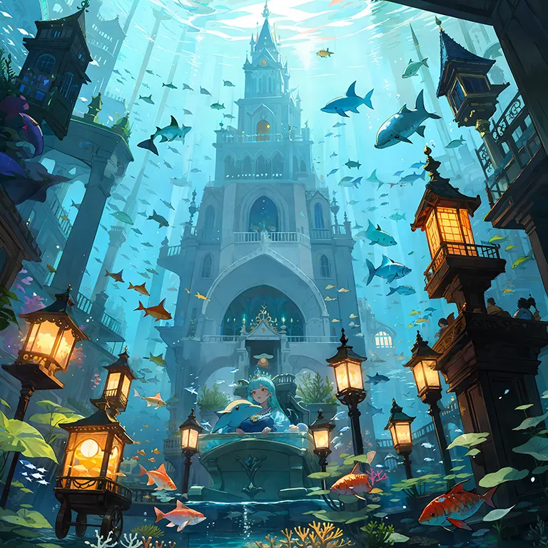 The image is an illustration of an underwater city. The city is built on a series of platforms that are connected by bridges and walkways. The buildings are made of a variety of materials, including stone, wood, and coral. The city is lit by a series of lanterns that are hung from the buildings and bridges. There are a variety of fish swimming around the city, including sharks, tuna, and goldfish. A girl is sitting on a dolphin in the center of the image. She is wearing a blue dress and has long, flowing hair.