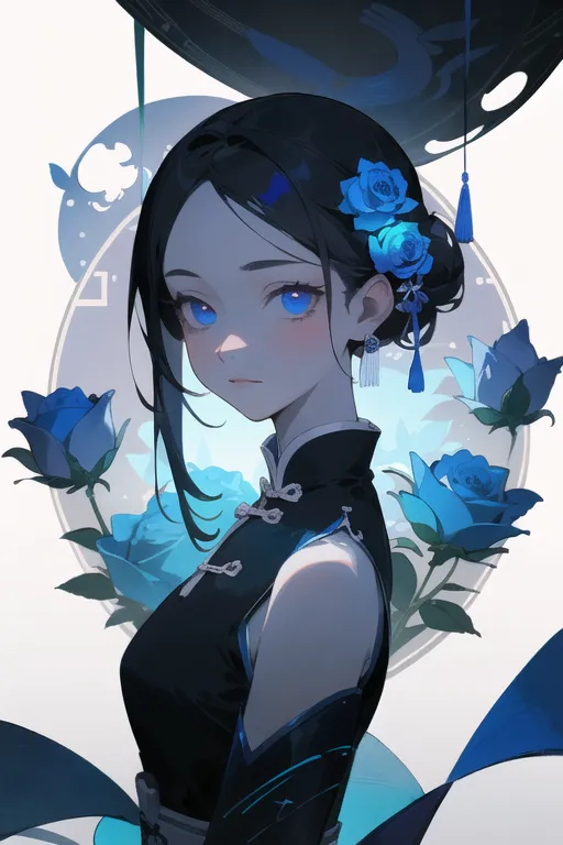 The picture shows a young woman with long black hair and blue eyes. She is wearing a black cheongsam with blue trim. There are blue flowers in her hair and around her neck. She is standing in front of a white background with a blue circle frame with a black border.