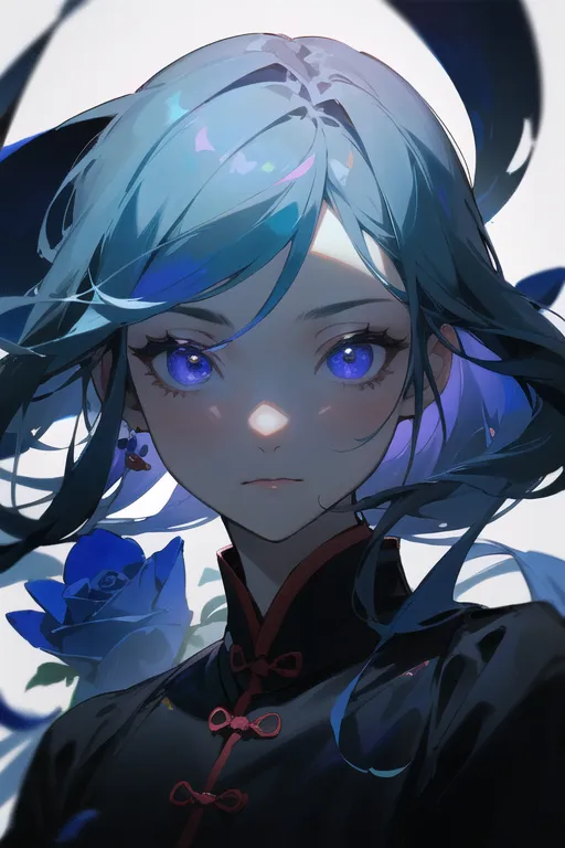 The picture shows a young woman with long blue hair. She is wearing a black dress with red details. There is a blue rose next to her head. The background is white with some dark blue swirls. The woman's eyes are blue and she is looking at the viewer with her head tilted a bit downwards at an angle.