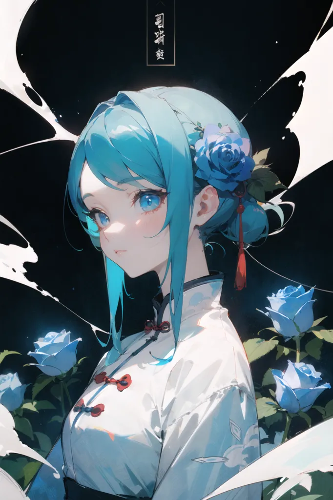 This is an image of a beautiful anime girl with blue hair and blue eyes. She is wearing a white and blue cheongsam with red accents and has a blue rose in her hair. She is standing in front of a dark background with a white flower bush next to her. The image is drawn in a semi-realistic style and the girl's expression is soft and serene.