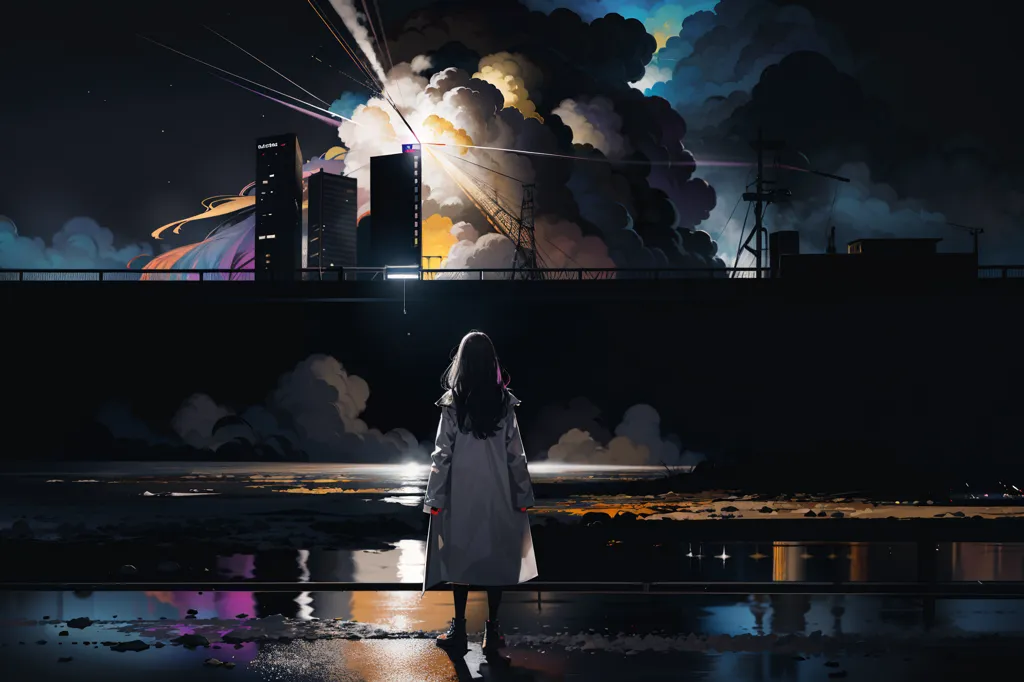 The image is a dark and stormy night. A girl in a white coat is standing on a bridge, looking out at the city. The city is in the distance, and it is lit up by the lights of the buildings. The sky is dark and cloudy, and there is a storm brewing. The girl is alone on the bridge, and she looks small and insignificant compared to the city. The image is full of contrast, with the dark sky and the bright lights of the city. The girl is also a contrast, with her white coat and the dark background. The image is full of tension, and it is unclear what will happen next.