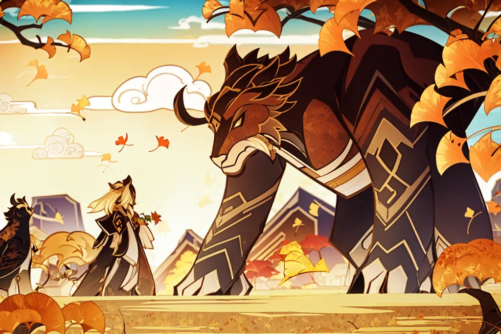 In this image, there are two characters from the game Genshin Impact, Ganyu and Zhongli, standing in front of a large tiger-like creature. The background is a mountain landscape with a large tree and a blue sky. The tiger-like creature is brown and black with a white belly and sharp teeth. It is standing on all fours and has a long tail. The two characters are standing on the ground in front of the creature. Ganyu is a young woman with long blonde hair and purple eyes. She is wearing a white and blue dress. Zhongli is a tall man with short brown hair and amber eyes. He is wearing a black and gold suit.