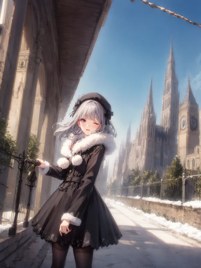 The image is of a young girl standing in a snowy street. She is wearing a black coat with a white fur collar, a black hat, and black boots. She has long white hair and pink eyes. She is smiling and winking at the viewer. In the background is a large building with a clock tower.