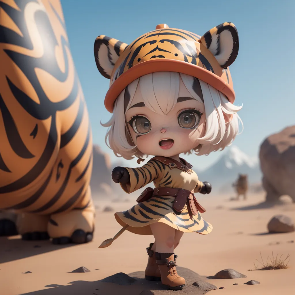 L'image montre une petite fille aux cheveux blancs et aux oreilles de tigre portant un chapeau de safari orange et blanc et une robe rayée jaune et noire. Elle se tient dans un désert avec de gros rochers et des montagnes en arrière-plan. Il y a un gros tigre derrière elle. La fille sourit et a les bras écartés.