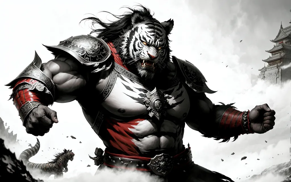 The image is of a muscular anthropomorphic tiger wearing armor and wielding a large sword. The tiger is standing in a fighting stance, and is surrounded by a swirling cloud of energy. In the background, there is a temple or other building.