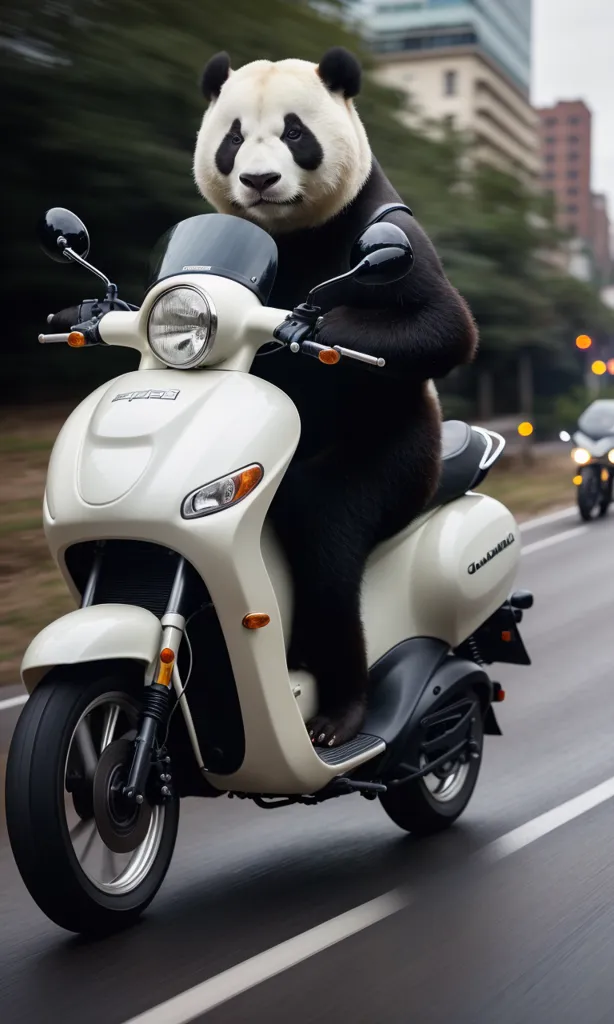 Um panda está montando uma scooter branca em uma rua da cidade. O panda está usando um capacete e luvas pretos. A scooter tem um assento preto e um corpo branco. O panda está andando na faixa da direita, e há um carro na faixa da esquerda. O panda está indo rápido, e o carro está indo devagar. O panda está se divertindo, e o motorista do carro está olhando para o panda com surpresa.