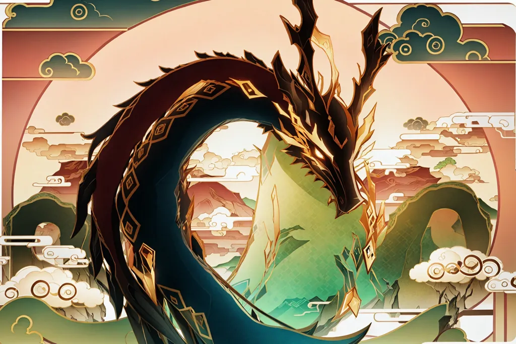 The image is of a Chinese dragon. It has a long, serpentine body with a green and gold belly and black scales on its back. The dragon's head is black with a pair of golden antlers and red eyes. It is standing on a rocky cliff, with a green mountain range in the background. The sky is a gradient of orange and yellow.