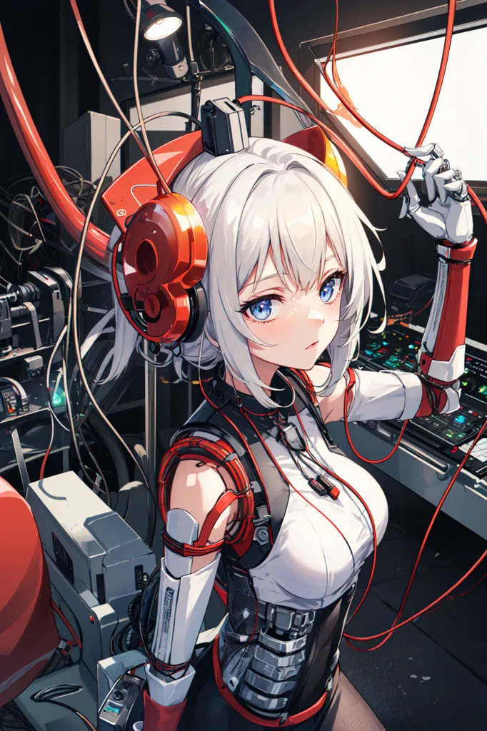 The image is of a young woman with white hair and red eyes. She is wearing a white and red bodysuit and headphones. She is sitting in a dark room with a lot of machinery and wires around her. She has a serious expression on her face. She is looking at the viewer.