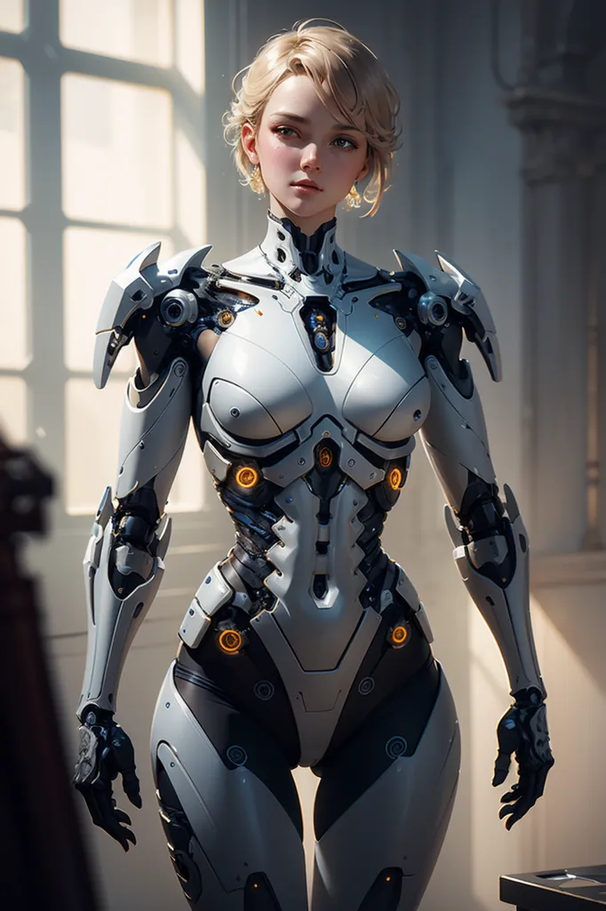 The image depicts a female android standing in a room. She has short blonde hair and blue eyes, and her skin is pale. She is wearing a white and gray bodysuit that covers her entire body, and her face has a few small scars. The android is standing in front of a window, and the light from the window is reflecting off of her body.