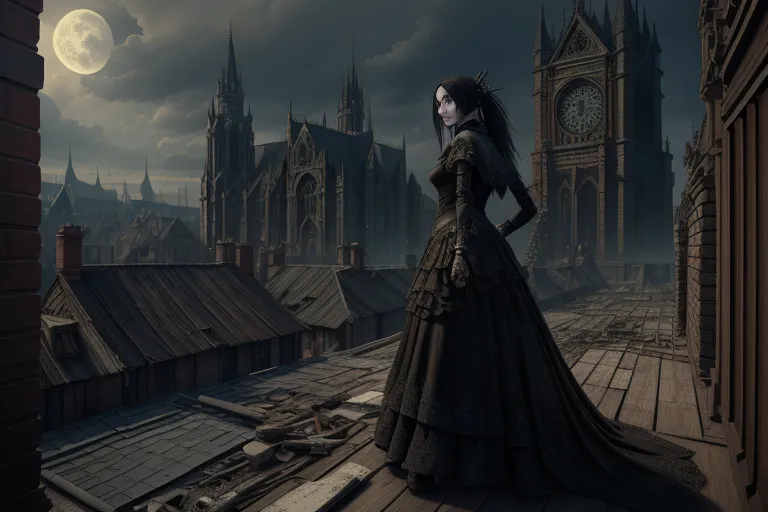 The image is a dark and moody painting of a Victorian woman standing on a rooftop. She is wearing a black dress with a long train, and her hair is long and flowing. The woman's face is pale and expressionless, and her eyes are dark and empty. The background of the painting is a cityscape, with a large clock tower and a number of other buildings. The sky is dark and cloudy, and there is a full moon in the sky. The painting is full of atmosphere and mystery, and it leaves the viewer wondering what the woman is doing on the rooftop and what her story is.