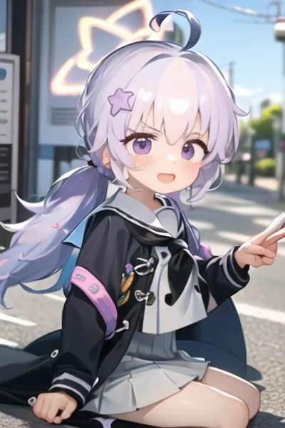 The image shows a young girl with purple hair and purple eyes. She is wearing a white shirt, a gray skirt, and a black jacket. She is also wearing a backpack and has a pencil in her hair. She is sitting on the ground and has her right hand in a peace sign. She is also smiling. In the background, there is a road with cars and a building. The sky is blue and there are some clouds.