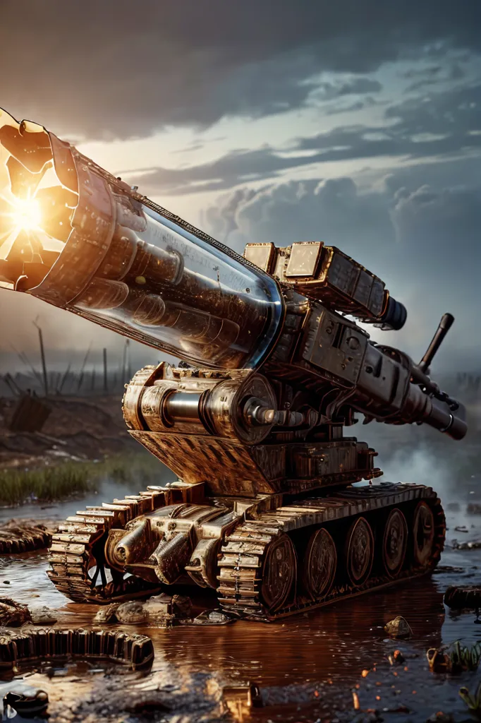 The image shows a large, steampunk-style tank. It is made of metal and has a large cannon on the front. The tank is also equipped with a machine gun on the top. The tank is in the middle of a muddy field and is surrounded by debris. The sky is dark and cloudy.