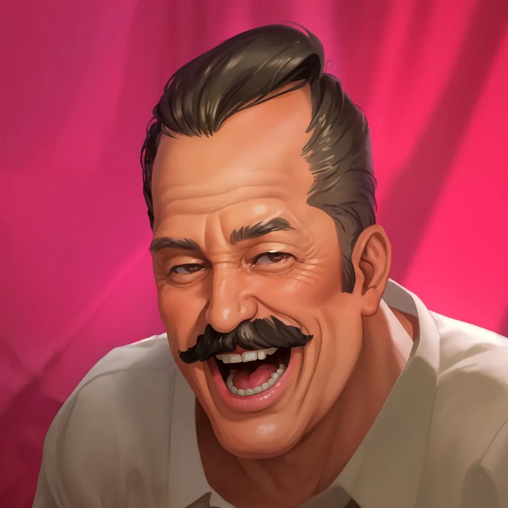 The image shows a man with a mustache laughing with his mouth open. He is wearing a white shirt and has dark hair. The background is pink. The man's expression is exaggerated, with his eyes narrowed and his mouth wide open. His mustache is also curled up at the ends, which adds to the comical effect. The overall tone of the image is humorous and lighthearted.